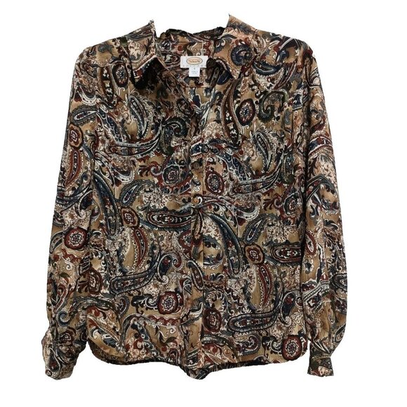 Talbots Womens Paisley Silk Top Size 6 Petite Brown Black Long Sleeve Button Up - Picture 1 of 9